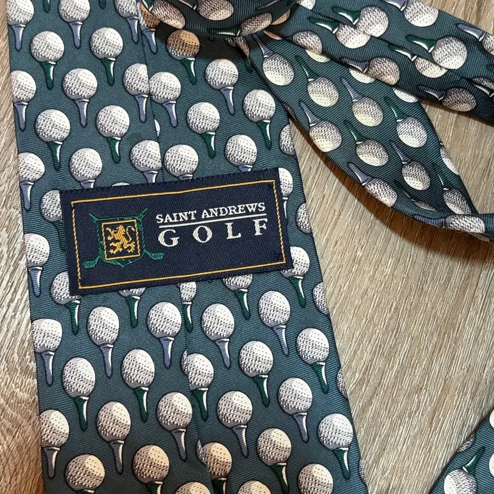 Saint Andrews Golf Necktie Golf Ball Tee Print Novelty Tie Green Silk Blend